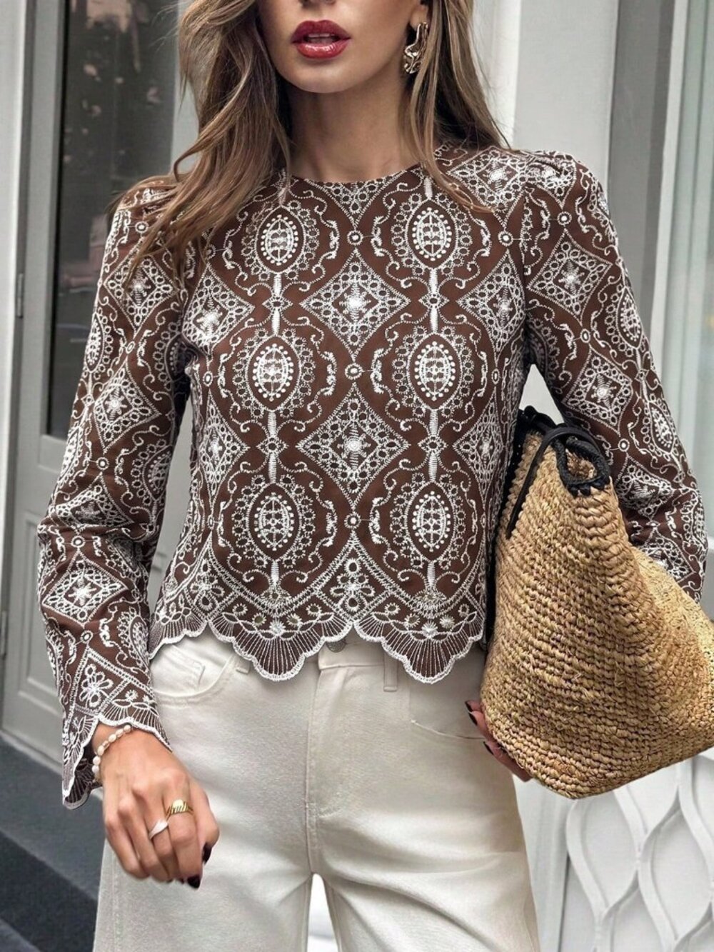 Coffee Brown Boho Women's embroidered Long Sleeve Round Neck Blouse
